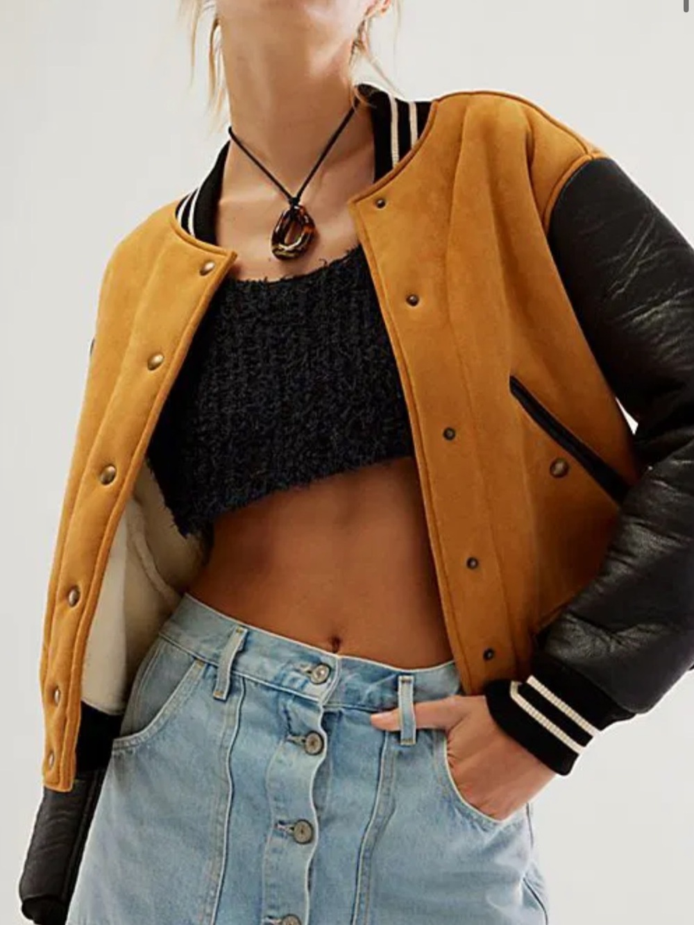 Free People Mustard and Black Colorblock Varsity Bomber Jacket